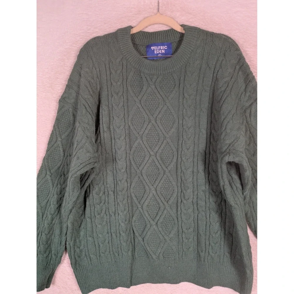 Elfric Eden Sweater Men's L Green Cable Knit Crew Neck Relaxed Fit Geometric